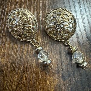 Vintage Gold Tone Filigree Round Circle Dangle Drop Bead Earrings Cocktail